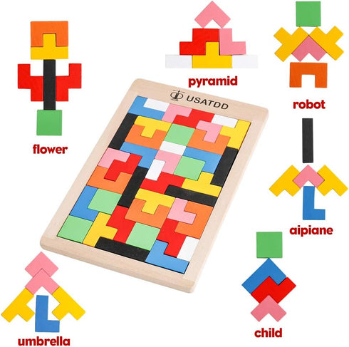 Wooden Puzzles Blocks Brain Teasers Toy Russian Tangram Colorful Jigsaw Game Montessori Intelligence STEM Preschool Educational Gift for Baby Todd...