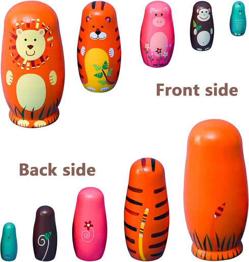 Russian Nesting Dolls for Kids, Stacking Wooden Handmade Matryoshka Dolls, 5 Piece Cute Cartoon Animal Pattern, Great Toy Gift for Girls Boys' Bir...