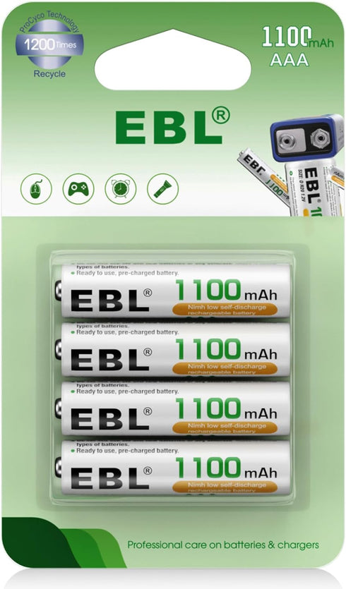 EBL AAA Rechargeable Batteries (4 Counts) 1100mAh Pre-Charged Triple A NiMH Battery with Retail Package...