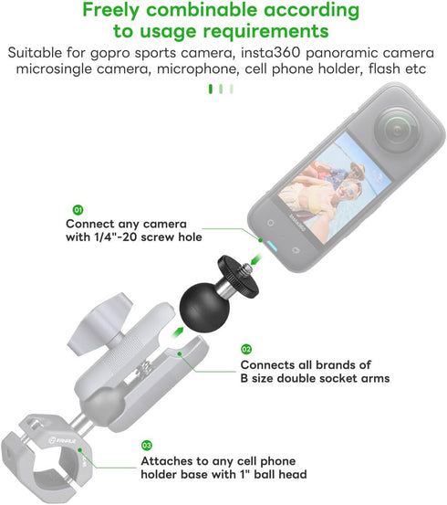FANAUE GB-02 Aluminum 1" Ball Adapter with 1/4"-20 Threaded Stud, Compatible with RAM Mount B Size Double Socket Arm for Insta 360 Panorama Series...