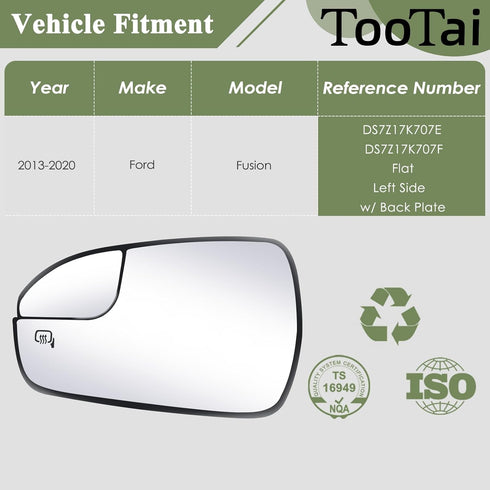 Driver Side Mirror Glass compatible with Ford Fusion 2013-2020, Heated, Back Plate, w/o Blind Spot Detect...