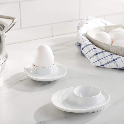 Set of 2 Egg Cups with Oval Base, White Porcelain Egg Holders for Hard or Soft Boiled Eggs, 3.5-Inch by 4-Inch...
