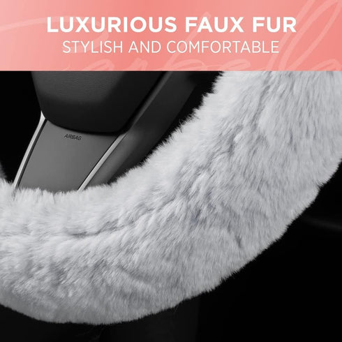 Gray Fuzzy Steering Wheel Cover, Standard 15 Inch Size Fits Most Vehicles, Cute Faux Fur Car Steering Cover with Soft Fluffy Furry Touch, Car Acce...