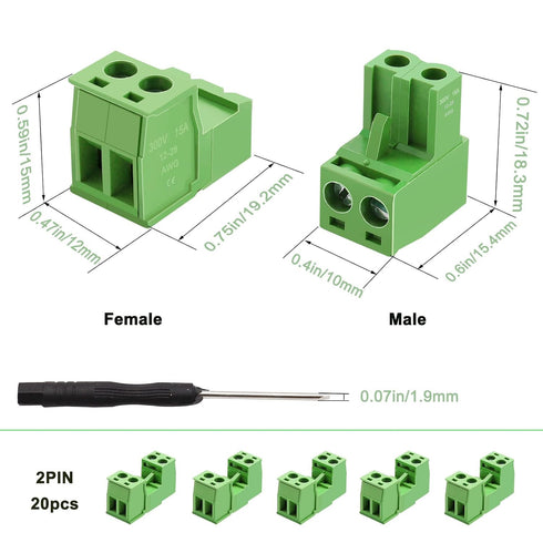 Tnisesm 16Pcs 2 Pin Screw Terminal Block Connector 5.08mm Pitch Pluggable with 2 Pin Phoenix Plug 300V 15A for 28-12AWG Cable...