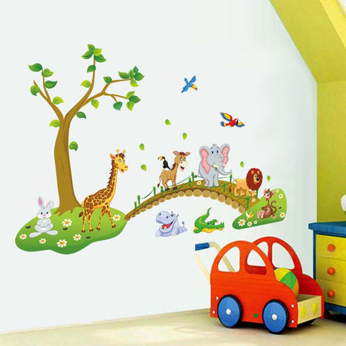 decalmile Jungle Animals Tree Wall Stickers Lion Giraffe Elephant Walking on Bridge Wall Decals Kids Room Baby Room Nursery Bedroom Wall Decor(Fin...