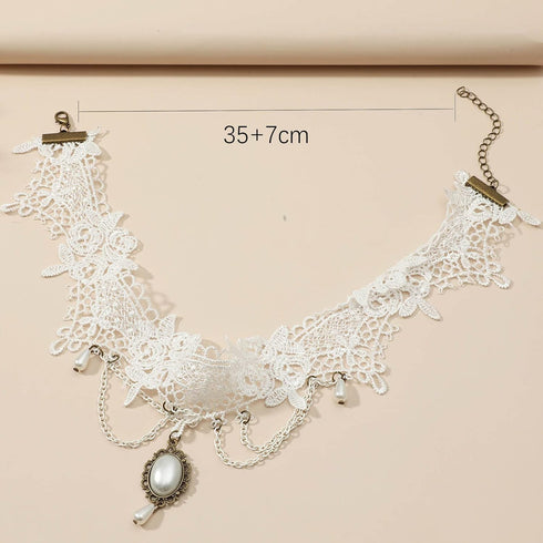 Vintage Lace Choker Necklace White Gothic Lace Pattern Necklace Punk Tassel Pearl Beaded Pendant Choker Princess Bridal Lace Lolita Tassel Lace Ne...