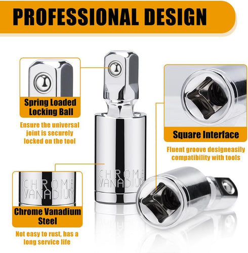 3PCS Universal Joint Socket Set, 1/4” 3/8” 1/2” Drive Swivel Socket Adapter Set, Premium Chrome Vanadium Steel Universal Joint Socket Adapter Suit...