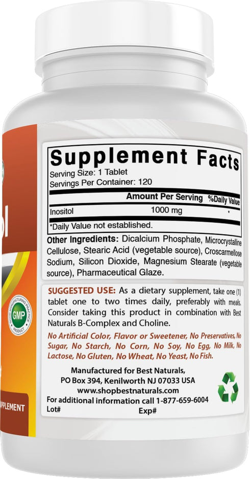 Best Naturals Inositol 1000mg 120 Tablets - also called vitamin B8...
