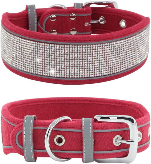 Bling Diamond Dog Collar for females girls,Soft Velvet Leather with Fancy Sparkly Crystal Rhinestones,Reflective Stripe,Suit Medium Large Dogs pup...