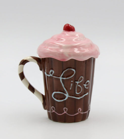 Life Is Sweet Mug with Pink Lid, 5-3/4-Inch...