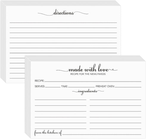 4x6 Recipe Cards for the Newlyweds, 100 Pack Double Sided White Cardstock - Simple, Cute Made with Love Heart Design - Double-Sided - For Bridal S...
