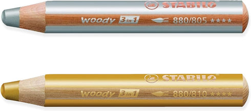 STABILO Multi-talented Pencil woody 3-in-1 - Pack of 2 Pencils - Gold & Silver...