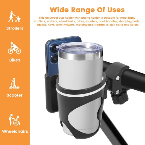 Stroller Cup Holder with Phone Holder, 2-in-1 Cup Phone Holder for Stroller, Bike, Wheelchair, Walker, Scooter, 360° Rotatable Large Caliber Desig...