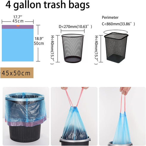 Small Drawstring Trash Bags 4 Gallon Plastic Garbage Can Trash Can Liners 15 Liter for Bathroom Restroom Bedroom Office Toilet 17.7'' x 18.9'' (Mi...