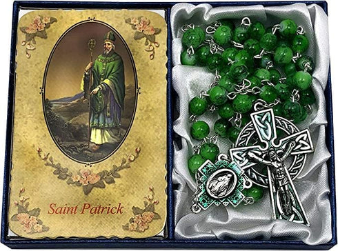 CB Catholic St Patrick Green Glass Marble Bead Rosary Gift Set...