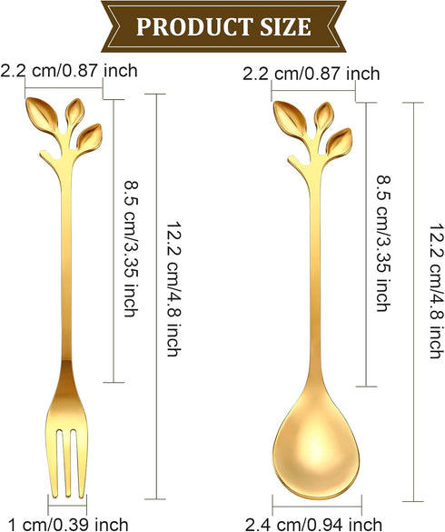 Stainless Steel Leaf Coffee Spoon and Appetizer Fork Tableware Dessert Spoon Mini Dessert Utensils Set Creative Demitasse Spoons and Forks for Sti...