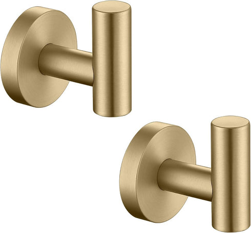 Brushed Gold Bathroom Towel Coat Hook Stainless Steel, 2 Pack Robe Clothes Cabinet Closet Sponges Hooks Holder Round Style Heavy Duty Wall Hook fo...