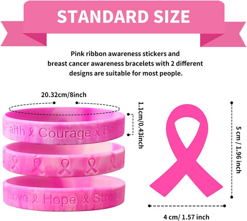 Bundle of 48 Pcs Die Cut Pink Ribbon Stickers and 48 Pcs Pink Ribbon Camouflage Breast Cancer Awareness Bracelets in 2 designs, Faith Courage Beli...