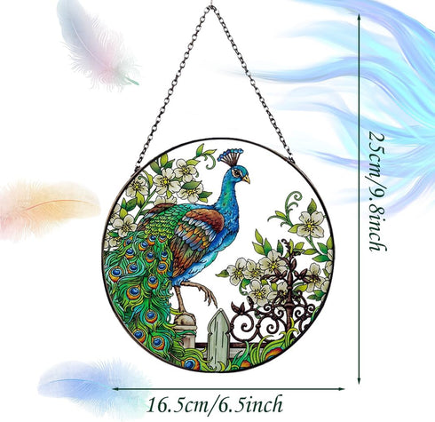 Peacock Stained Glass Suncatcher Window Wall Hanging Decor Ornament 6.5''*6.5'', Hand-Painted Sun Catcher Glass Panel Decor Art Home Garden Decor ...