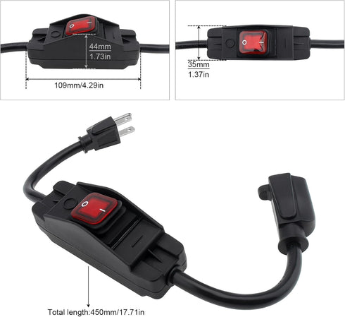3 Prong Extension Cord with Waterproof Switch, 14/3 SJT Heavy Duty Power Cable with LED On/Off Inline Switch, 1875W 15A/125V Grounded Outlet Plug ...