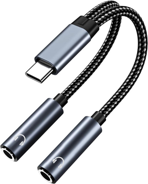 MMOBIEL USB-C to Dual 3.5mm Aux Audio Headphone Splitter 32 Bit Type-C to Dual 3.5mm Female Headphone Audio Jack Adapter for iPhone 15, iPad Air/P...