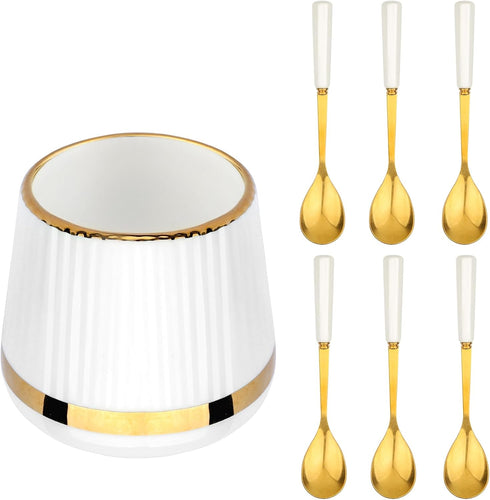6PCS Coffee Spoons with Ceramic Jar Holder, Small Stainless Steel Gold Tea Spoons, Mini Dessert Spoons Set for Fruit, Stirring, Mixing, Sugar, Ice...