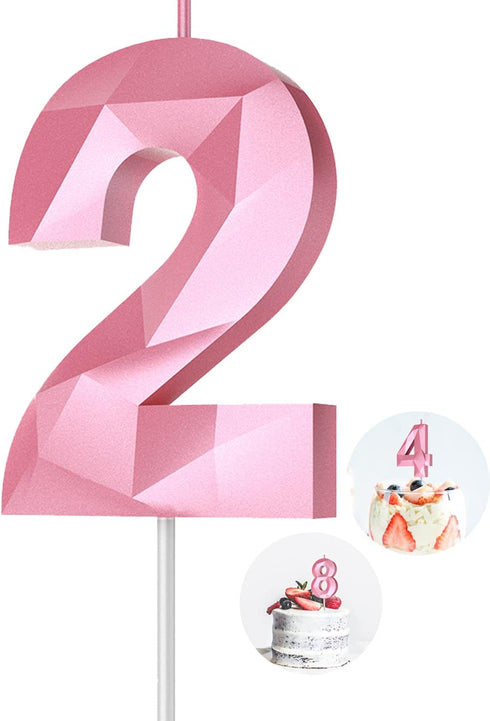 Number Birthday Candles(2 Candle Pink) 3D Diamond Shape 2nd Happy Birthday Cake Topper Decorations for Girl Women Birthday Wedding Anniversary Cel...
