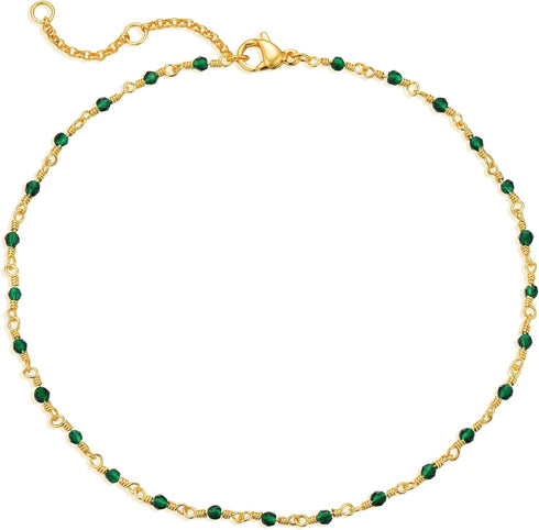 MTMY Gold Anklets for Women 14K Gold Plated Tiny Bead Anklet Green Rose Colorful Cubic Zirconia Tassel Foot Chain Dainty Adjustable Cute Anklets S...