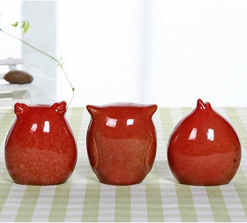 WOMHOPE® Set of 3 pcs - Small Wise Owls Figurine House Warming Gift Tabletop Shelf Ceramic Home Decorative Collectible Figurine Statues (Red (Set ...