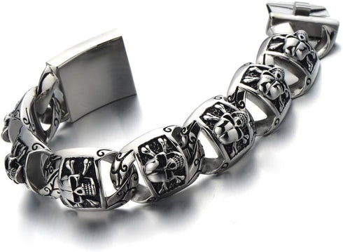 COOLSTEELANDBEYOND Heavy and Study Mens Stainless Steel Biker Skull Bracelet Silver Black Two-tone Polished...