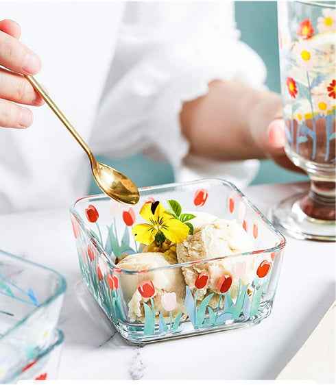 9 OZ Mini Floral Candy Dish Small Tulip Glass Candy Bowl for Dessert,Snack,Fruit,Yogurt,Dipping,Side Dishes,Kitchen Prep,Clear Square Dessert Bowl...
