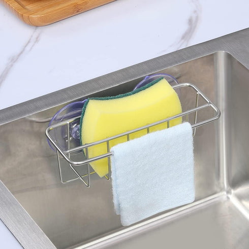 Sink Caddy Sponge Holder for Kitchen Sink Dish Cloth Hanger 2 Suspension Options(Suction Cups and Adhesive Hook), SUS304 Stainless Steel, Silver...