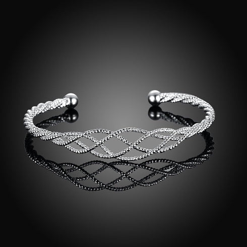 Sterling Silver Adjustable Wire Bracelet, Fashion Bangle Cuff Bracelet with beads at wire ends, Specail Follower Mesh Pattern on The Wire Middle F...