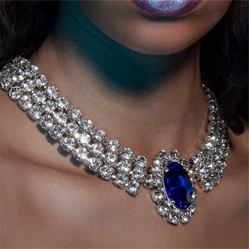 YERTTER Vintage Full Chunky Rhinestone Sapphire Charm Silver Chain Blue Crystal Pendant Luxury Collar Choker Necklace Adjustable Chain for Party M...