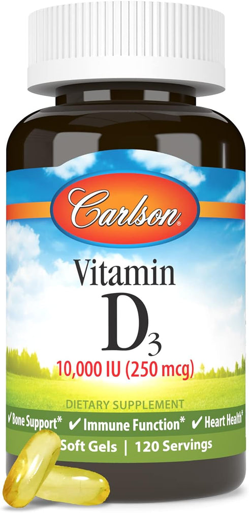 Carlson - Vitamin D3, 10000 IU (250 mcg), Vitamin D Supplements, Bone & Immune Support, Vitamin D3 Softgels, Heart Health, Gluten Free Vitamin D C...
