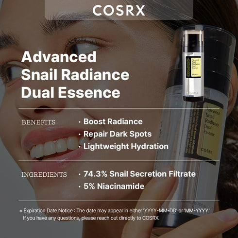 COSRX Niacinamide 5% + Snail Mucin 74% Dual Essence, Anti aging Face Serum for Dull Skin, Hydrating, Brightening, Repairing, 2.70 fl.oz / 80ml, Se...