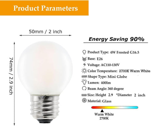 Dimmable E26 Frosted LED Light Bulbs Warm White 2700K,4W G16.5/G50 Mini Globe LED Bulb for Beside Lamp Ceiling Fan Pendant Lights Chandelier Fixtu...