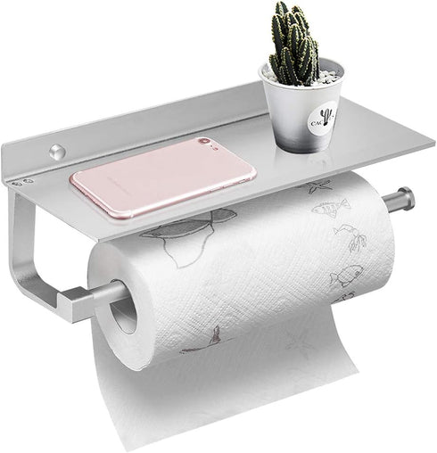 BESy Paper Towel Holder Wall Mounted for Kitchen 13 Inch, Bathroom Tissue Roll Hanger with Mobile Phone Storage Shelf,Space Aluminum, Wall Mount w...