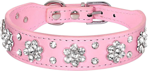 Rhinestone Dog Collar, Cute Flower Rhinestone Cat Dog Collar Bling Collar PU Leather Collar Adjustable Sizes XS Small Medium (S, Pink)...