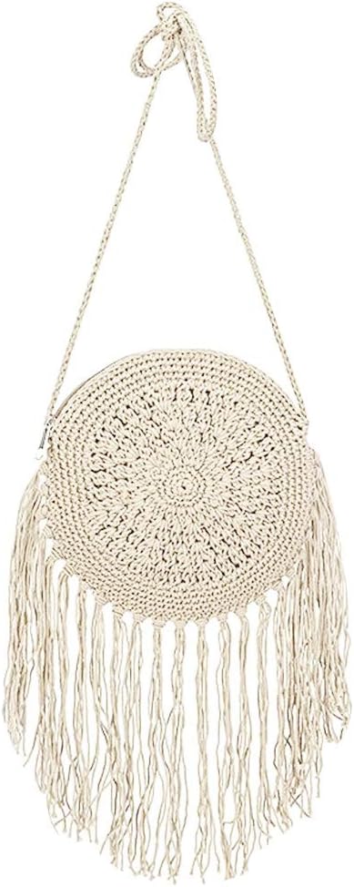 Women Crochet Fringed Shoulder Bag Cotton Tassel Crossbody Bag Hippie Beach Purse...