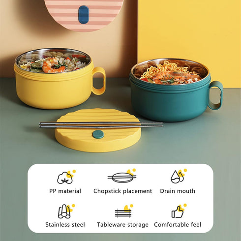 Microwave Ramen Bowl Set Ramen Cooker with Handles Noodle Bowls with Lid and Chopsticks Stainless Steel Liner Dishwasher Safe for Home Office Coll...