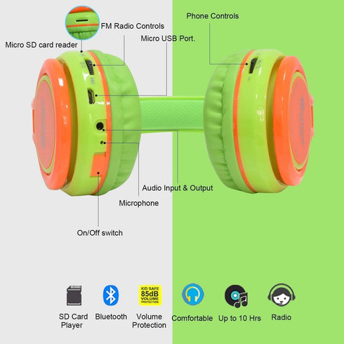 Contixo KB-2600 Kid Safe 85DB, Wireless Bluetooth LED Headphone with Volume Limiter, Microphone, and FM Radio (Green/Orange)...