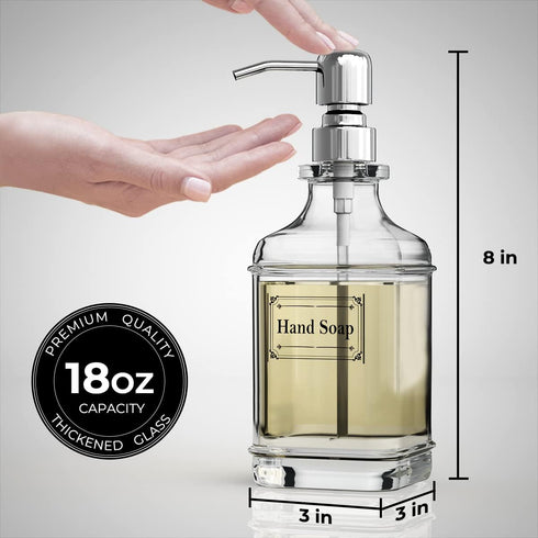 GLADPURE Soap Dispenser - 2 Pack, 18 Oz Antique Design Thick Glass Hand Soap Dispensers; with 304 Rust Proof Stainless Steel Pump, 6Pcs Clear Stic...