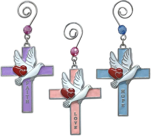 Faith Hope Love Cross Christmas Ornaments - Set of 3 - Religious Crosses with Doves, Hearts and Embossed Words - Inspirational Xmas Gift - 3" H...