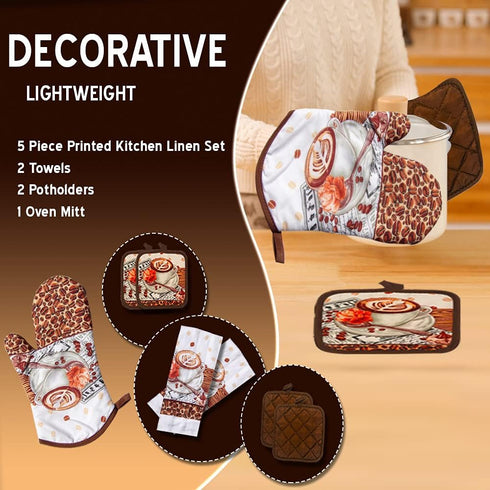 Lobyn Value Packs: 5-Piece Café Latte Kitchen Towel Set – Quilted Oven Mitt & 2 Potholders, Perfect for Coffee Lovers...