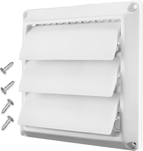 4 Inch White Plastic Louvered Outdoor Vent Cover With Stainless Steel Grille Screen for Dryer, Exhaust Vent cover Widely Used for Dryers and Houses Wall to Keep Rain, Snow, Wind or Birds