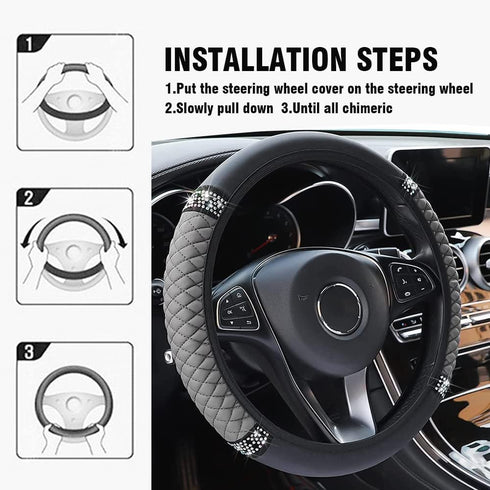 Diamond Leather Steering Wheel Cover,Bling Soft Leather Steering Wheel Cover for Women Girls,Universal 15 Inch Breathable Anti-Slip Car Wheel Prot...