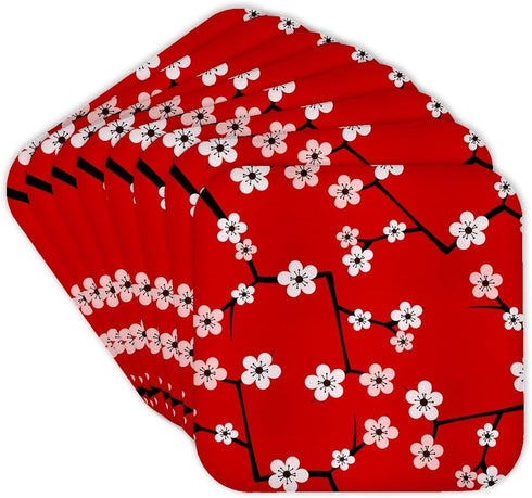 3dRose cst_58694_2 Bright Cherry Blossoms Print-Red-Soft Coasters, Set of 8...