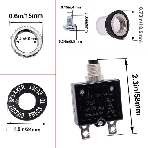 smseace 20Amp Electric Button Breaker 125/250VAC,Thermal Overload Protector L1 Series with Quick Connect Terminals and Waterproof Button Cap L1-ls...