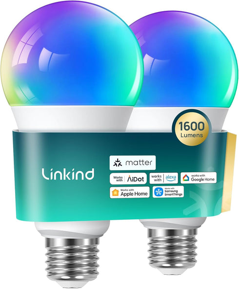 Linkind Matter Smart RGBTW Bulb,1600LM 100W Smart Light Bulbs, Work with Alexa/Apple Home/Google Home, LED Color Changing Bulbs Music Sync, 2.4GHz...